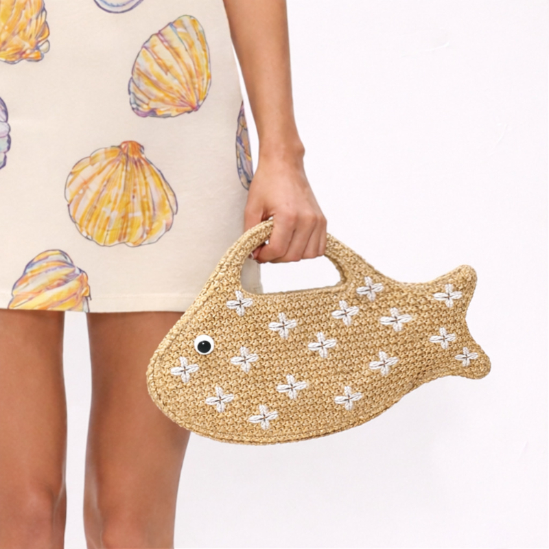 Embroidered Fish Raffia Straw  - đánh giá và giá Women'S Raffia Bags